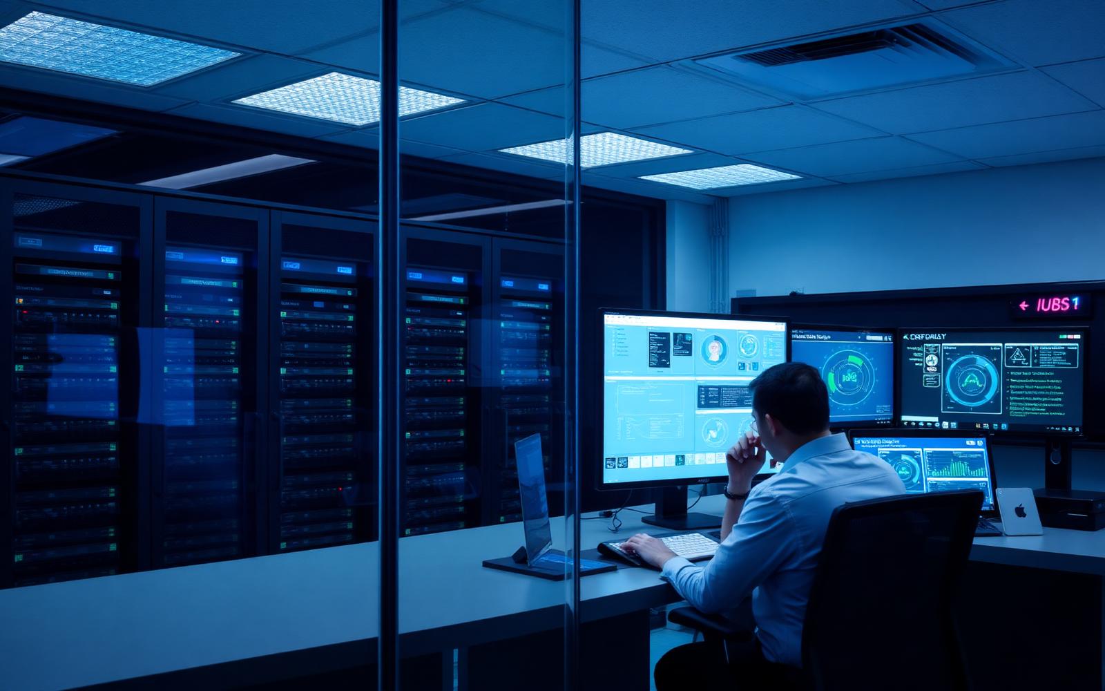 Analyst reviewing access-control dashboards beside a secured server room