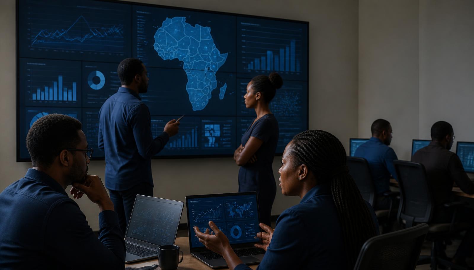Analysts reviewing continental health dashboards in the AAHRED data operations room
