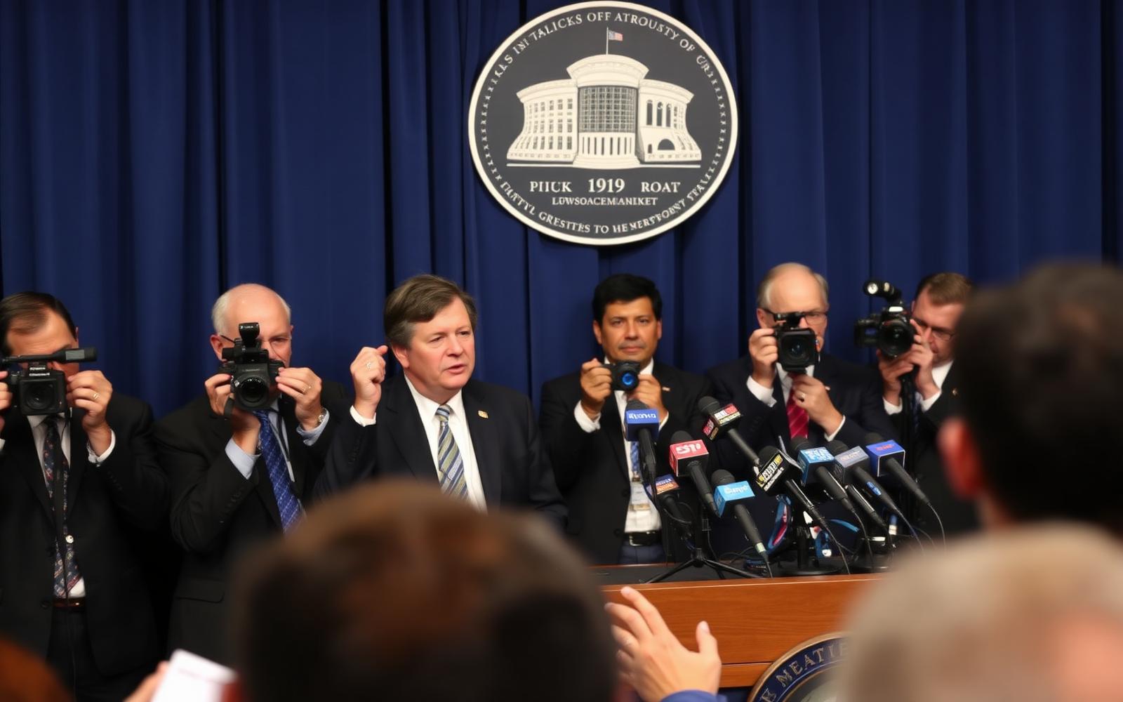 Institutional press briefing with journalists and cameras