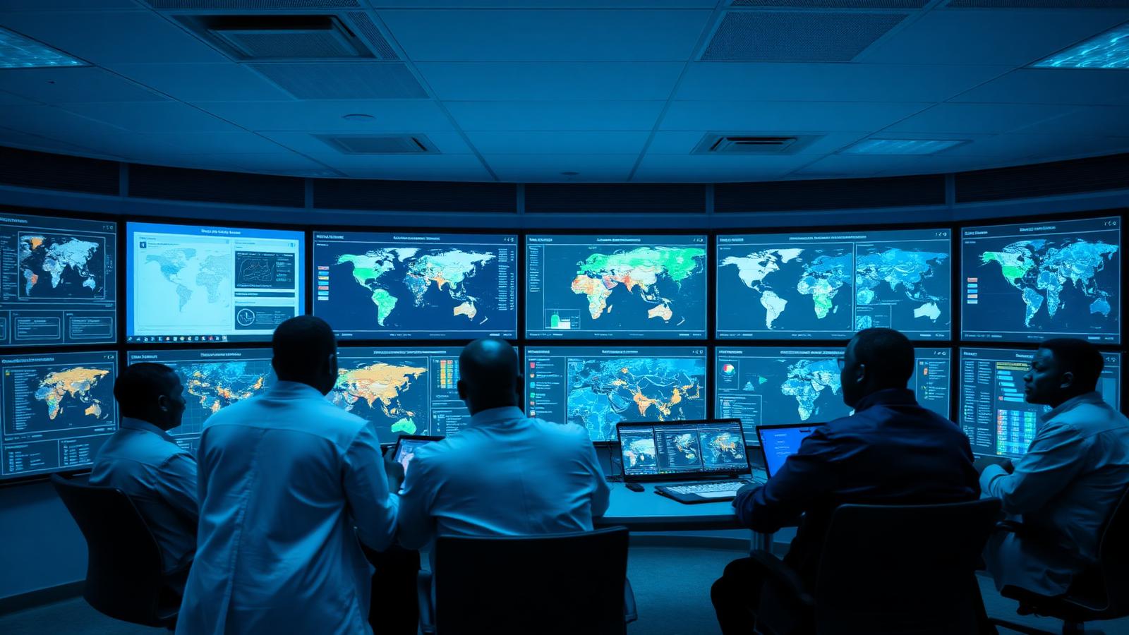 Epidemiologists monitoring national disease surveillance dashboards in an operations centre