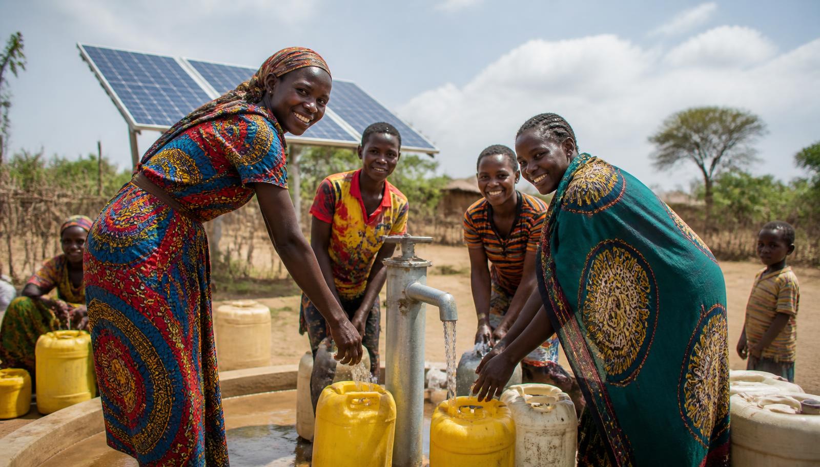 Women and young people collecting clean water from a solar-powered borehole in a rural East African village