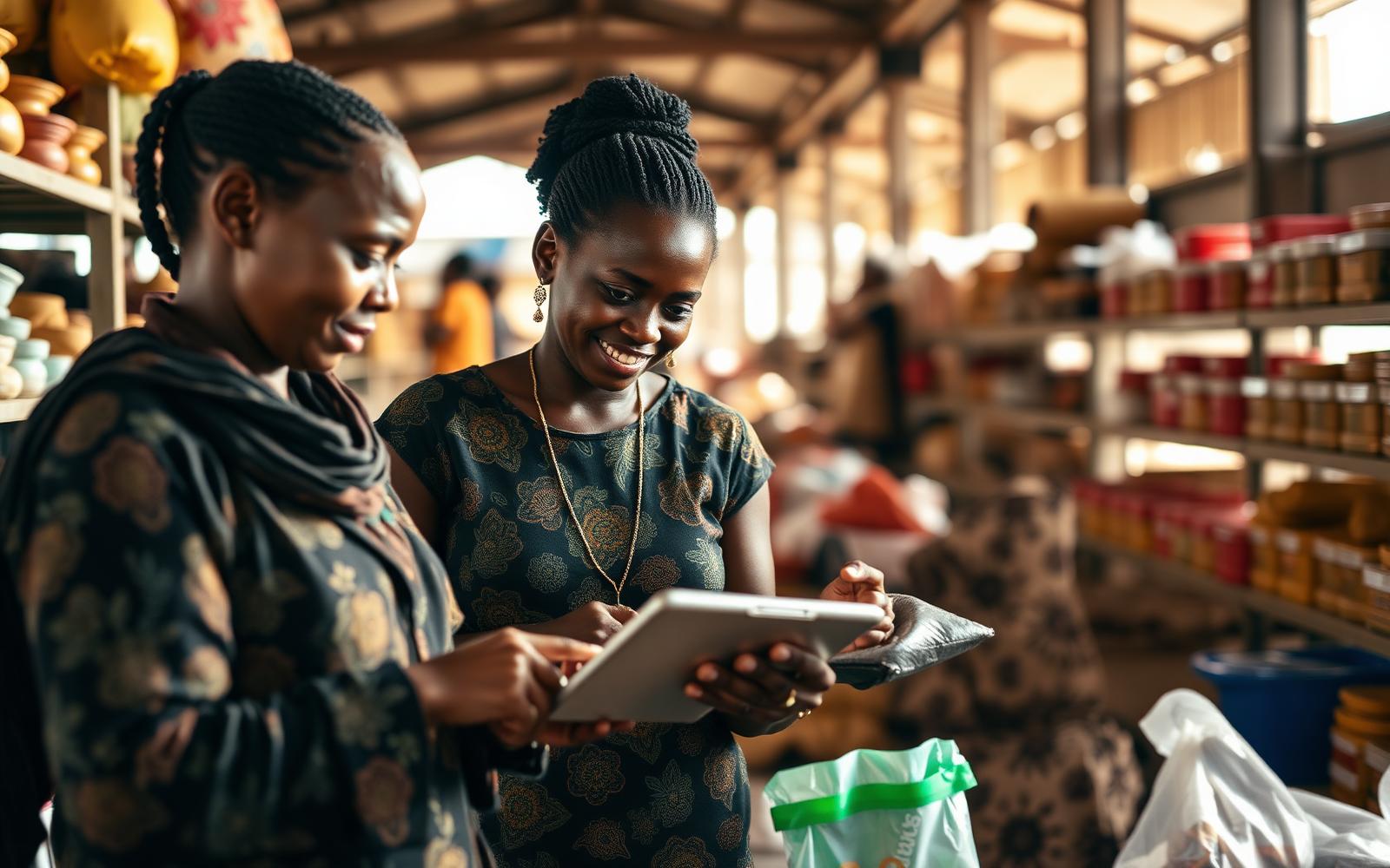 Women entrepreneurs managing stock in a market cooperative